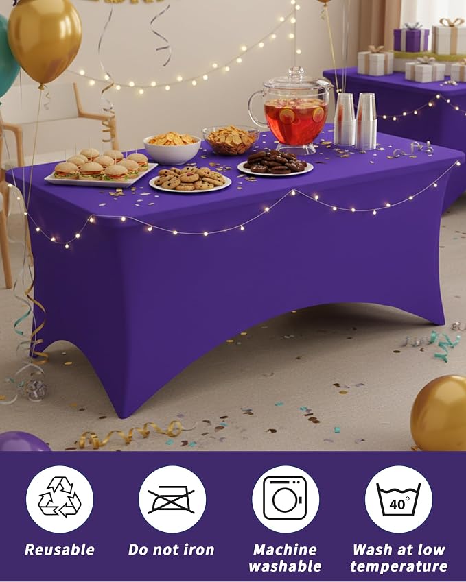 Fixwal Purple Tablecloths for 8 Foot Rectangle Tables, 2 Pack Spandex Stretch Fitted Table Covers for Party, Trade Show, Banquet, Wedding, Buffet