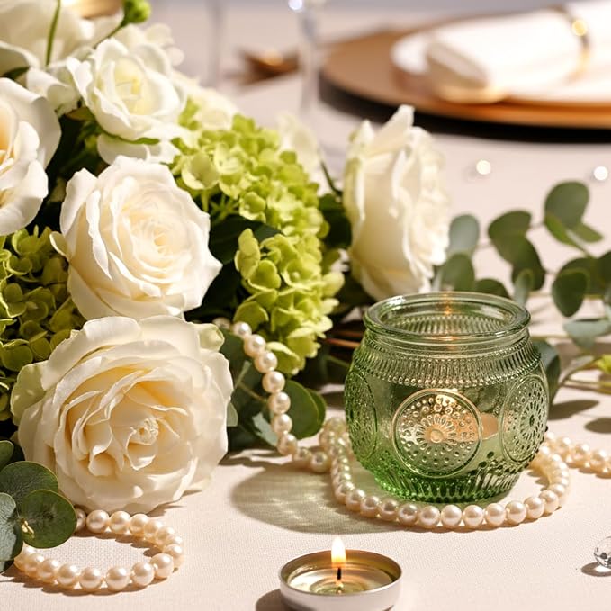 12 Pcs Green Candle Holder-Floral Style Vintage Candle Holders for Wedding Table Centerpieces, Bridal Shower Decor, Rustic Wedding Decor, Tea Party