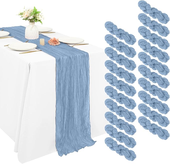 20 Pack Cheesecloth Table Runner 17 x 108 inch Long Boho Gauze Table Runners Semi Sheer Table Runner for Wedding Decor, Baby Shower, Birthday Party, Banquet (Dusty Blue)