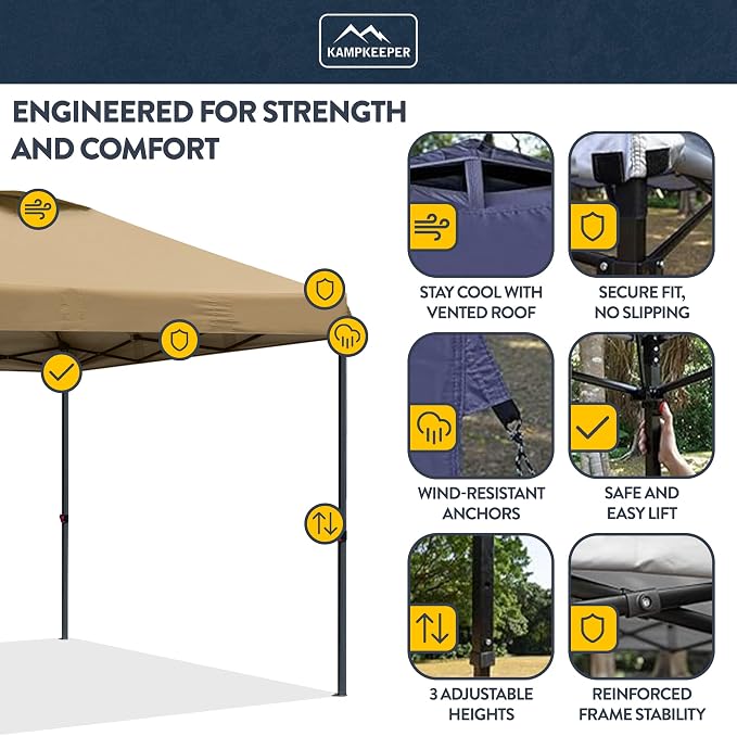 KAMPKEEPER 10x10 Pop-Up Canopy Tent, Waterproof, Portable Shade with Side Walls, Adjustable Instant Outdoor Shelter for Camping, Backyard, and Events, Khaki