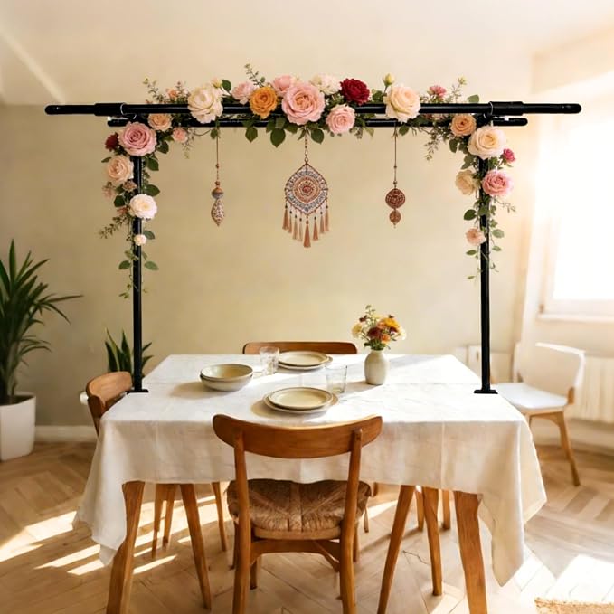 Beyeutao Black Over The Table Rod Stand with Clamps Metal Double Crossbar Table Arch Stand 16"-87" Length 16"-45" Height Adjustable Table Banner stand Garden Arbors Fit for Wedding Birthday Party Christmas Decoration