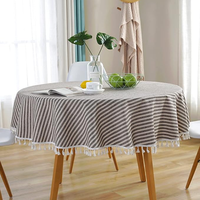 meioro Round Tablecloth Stripe Tassel Table Cloth Cotton Linen Dust-Proof Table Cover for Dining Circle Coffee Side End Card Table, Parties Tablecloths (Coffee Brown, 47 Inch)