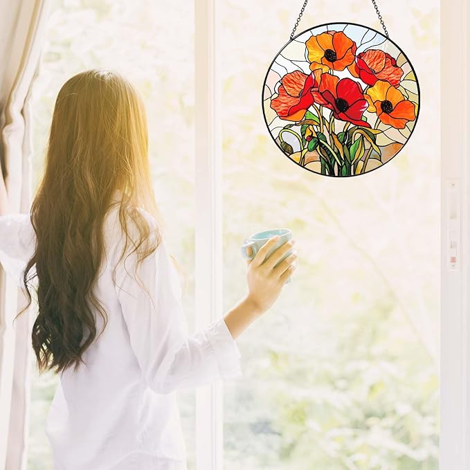 California Poppy Forest Sun Catcher 9.8'' Stained Glass Window Hanging Flower Lover Gifts for Women Red Poppy Kitchen Decor Suncatcher Decoration for Home Garden Housewarming Gifts