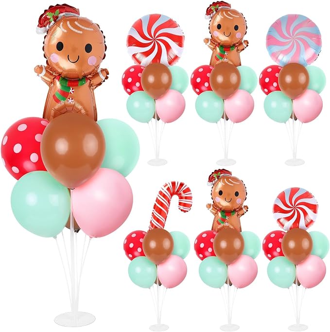 6 Sets Christmas Gingerbread Balloon Stand Kit for Table with Gingerbread Man Candy Cane Foil Balloon Centerpiece for Christmas Theme Xmas Birthday Holiday New Year Party Table Decorations