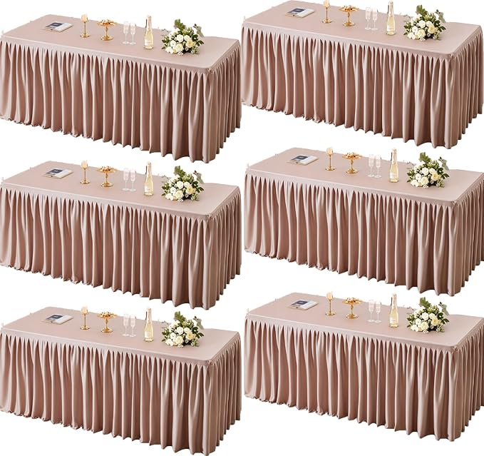 PARTISKY 6 Pack Dusty Rose Tablecloths for Rectangle Tables 6ft, Wrinkle Resistant Spandex Table Cover Fitted Stretch Table Cloth with Pleated Ruffle Skirts for Party Banquet Dining Birthday Wedding