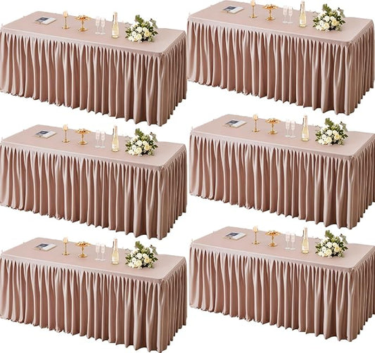 PARTISKY 6 Pack Dusty Rose Tablecloths for Rectangle Tables 6ft, Wrinkle Resistant Spandex Table Cover Fitted Stretch Table Cloth with Pleated Ruffle Skirts for Party Banquet Dining Birthday Wedding