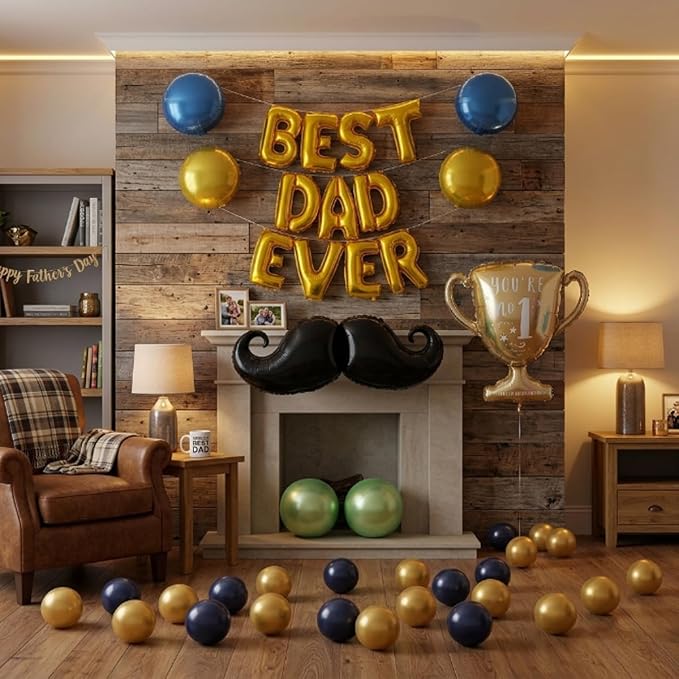 45 PCS Fathers Day Gift for Dad Foil Balloon Party Decorations Balloons Kit, "Best Dad Ever" Letter Balloons Navy Blue Gold Latex Balloons for Father 'You Are No.1', Father's Day Party Decor