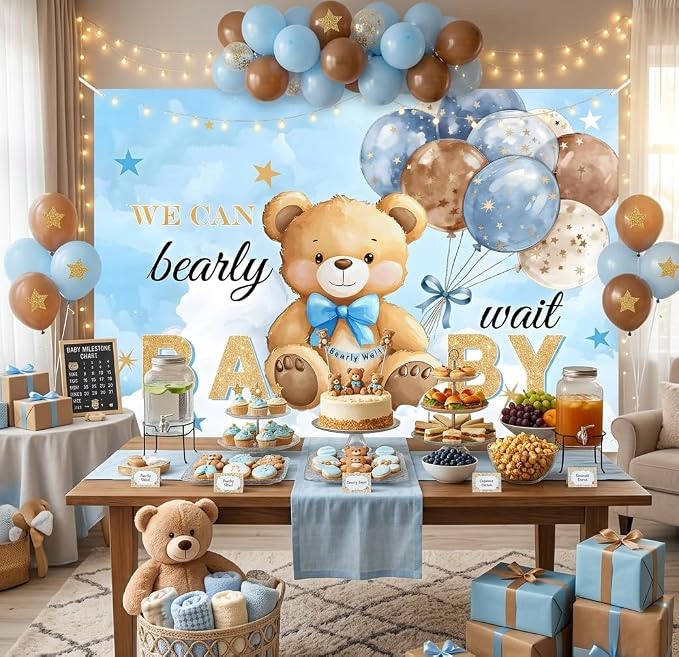 Bear Baby Shower Backdrop 7x5FT, We Can Bearly Wait Party Banner, Watercolor Sky Blue Balloons Bear Theme Background, Baby Shower Decoration for Newborn Photo Props Props
