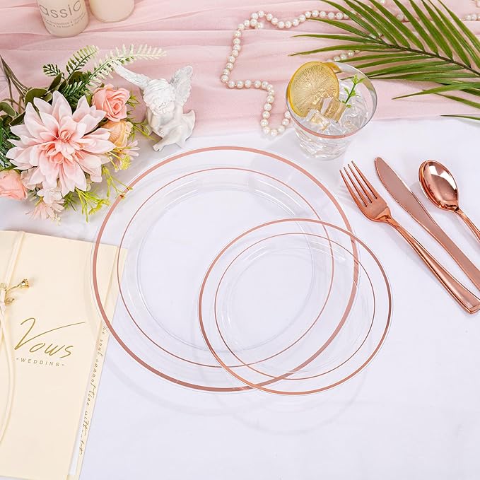 bUCLA 300PCS Rose Gold Plastic Dinnerware - Clear Dinnerware Set Disposable Include 50 Dinner Plates,50 Dessert Plates,50 Knives,50 Forks,50 Spoons,50 Cups for Party, Wedding & Mother's Day