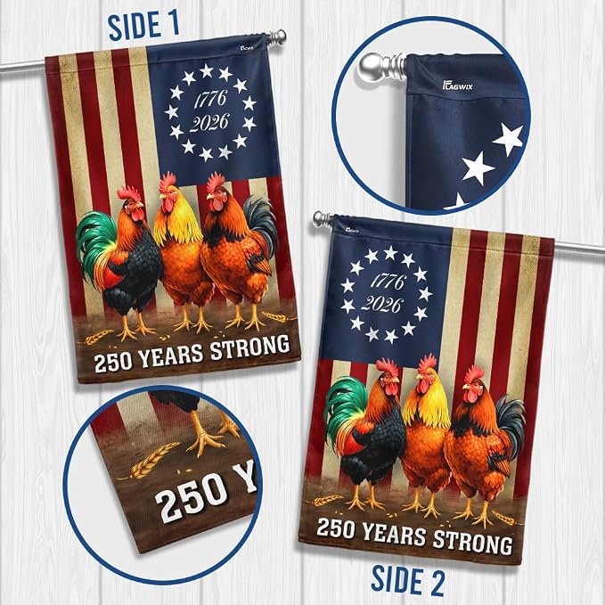 American Flag-250 Years Strong 1776 2026 Chicken Flag, Patriotic Rooster Farm Decor, 3x5 ft. Flag-USA Premium Polyester