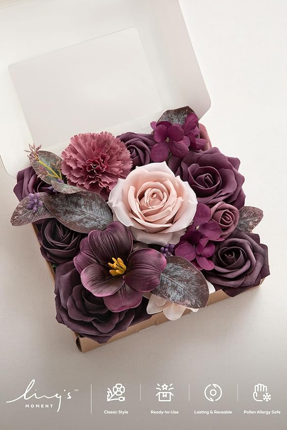 Ling's moment Fake Flowers Box, Faux Artificial Greenery Stems Foam Roses Tulip Silk Hydrangea Eucalyptus Fabic Flower for Centerpieces Bouquet Wedding Vase Decorations, Plum & Plum Lily, Mini Combo