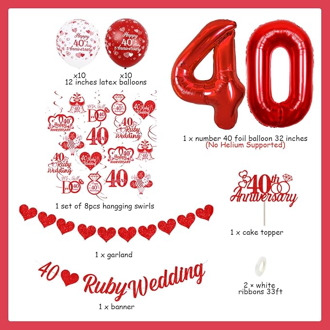 Ruby 40th Wedding Anniversary Decorations, We Still Do 40 Years Cheers to 40 Years Celebration Party Supplies for Couple, Balloon Cake Topper Hanging Swirls Love Garland Banner