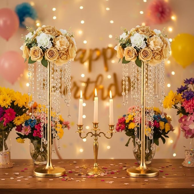 Bigsee 10 Pcs 21.65 inches Crystal Flower Stand Wedding Centerpieces for Tables, Tabletop Gold Metal Flower Arrangement Holder, Elegant Bulk Metal Vases for Reception Party Ceremony Decoration