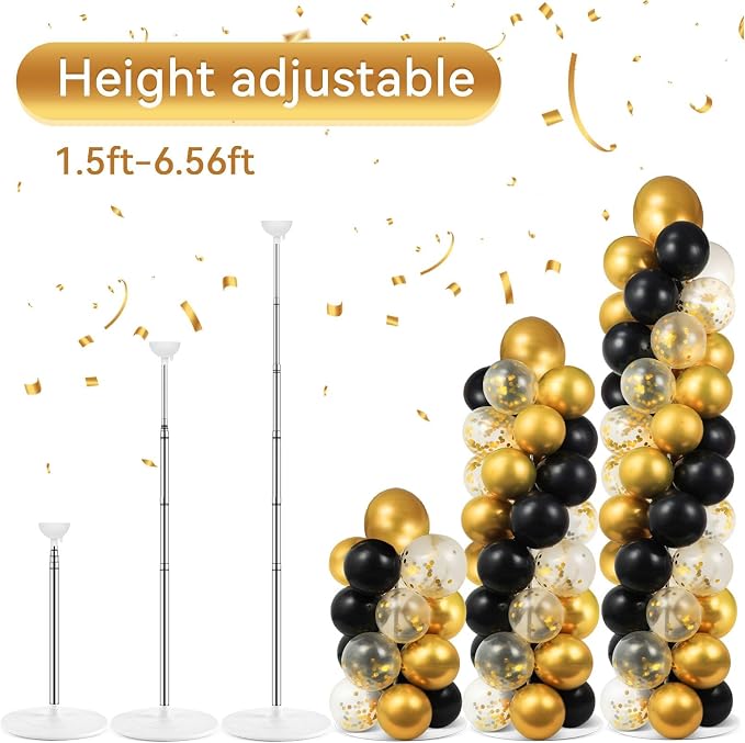 2 Sets Balloon Column Stand Kit with 100 Balloons Summer Adjustable Balloon Tower Stand with Bases for Floor Black Gold Balloon Arch Column for 50th Birthday Wedding Engaged Back to School Party Decor