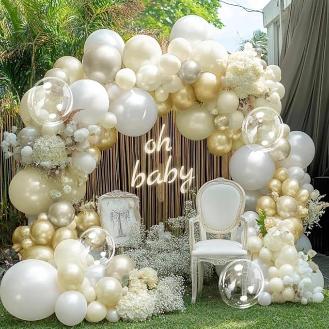 White Gold Balloon Arch Kit Double Stuffed Pearl White Sand Cream Gold Balloon Garland Ivory Beige Balloons for Baby Shower Wedding Bridal Shower Birthday Bear Graduation Bachelorette Party Decor