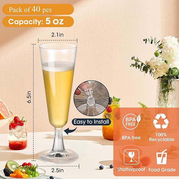 SUREHOME Plastic Champagne Flutes 40 Pack Disposable Champagne Glasses 5oz Clear Plastic Mimosa Glasses Wedding Cocktail Cups Bulk for New Years Eve Party Supplies 2026 Engagement Birthday Decorations