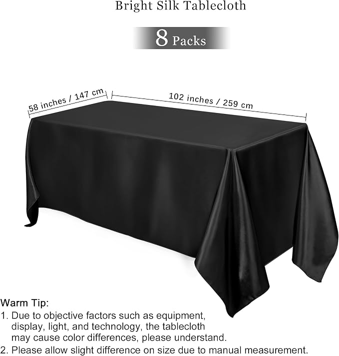 TURSTIN 8 Packs Black Satin Tablecloth 102 x 58 Inch Overlay Satin Table Cover Rectangle Bright Silk Tablecloth Smooth Fabric Table Decoration for Wedding Banquet Party Events
