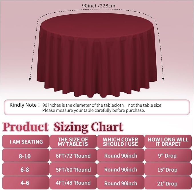 YMHPRIDE 12 Pack Round Tablecloth 90 inch Burgundy Table Cloths for Round Tables,Stain and Wrinkle Resistant Washable Polyester Tablecloths Burgundy Table Cloth 90 Round Table Cloth for Wedding Party