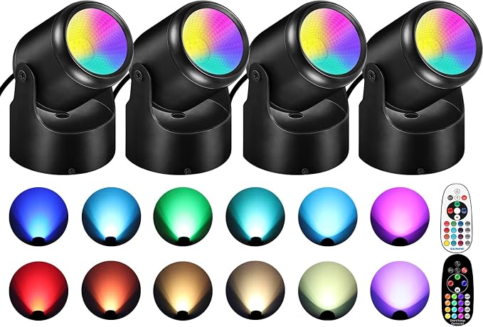 URTOM 6W RGBW Up Lights Indoor Christmas Spotlight Indoor LED Color Changing Uplighting Indoor with Remote 120V Spot Lights Indoor Plug in Floor Spotlight Indoor for Plant Picture Party, 4 Pack