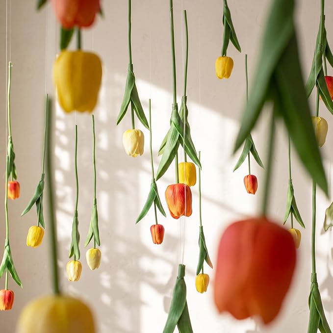 12 Pack Gradient Yellow 5 ft Artificial Tulips Hanging Flower Garland Decorations Spring Summer Dangling Faux Tulip Floral Vine Strings with Hooks for Wall Ceiling Wedding Tea Party