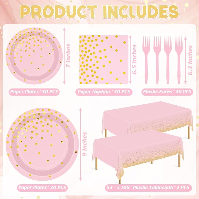 122 Pcs Pink Plates and Napkins Party Supplies, Birthday Decorations for Women Serves 30, Girl Baby Shower Decorations with Wedding Paper Plates, Golden Pink Party Supplies with Fork and Tablecloth