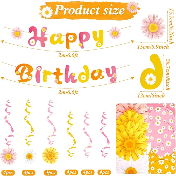 SUNBEAUTY Daisy Groovy Party Decoration Boho Happy Birthday Banner Daisy Paper Hanging Swirls Flower Birthday for Women Birthday Classroom Office Boho Hippie Retro Birthday Baby Shower Party Supplies