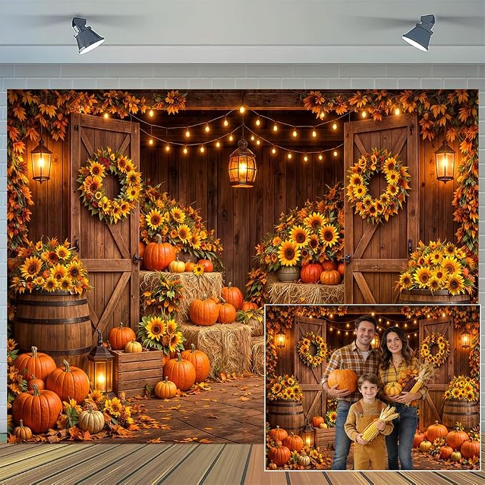 15 x 10 ft Autumn Harvest Barn Backdrop Pumpkin Sunflower Fall Photography Background for Thanksgiving Baby Shower & Birthday Party Photo Booth Studio Props