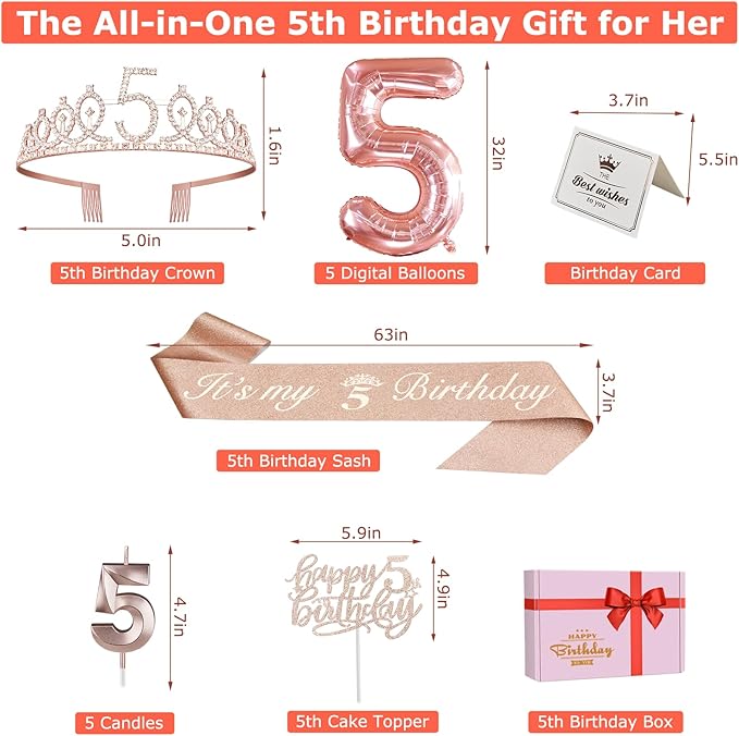 5th Birthday Decorations for Girls, Including 5th Birthday Sash and Tiara, Cake Topper and Candle, Number Balloon, 5 Year Old Girl Gifts