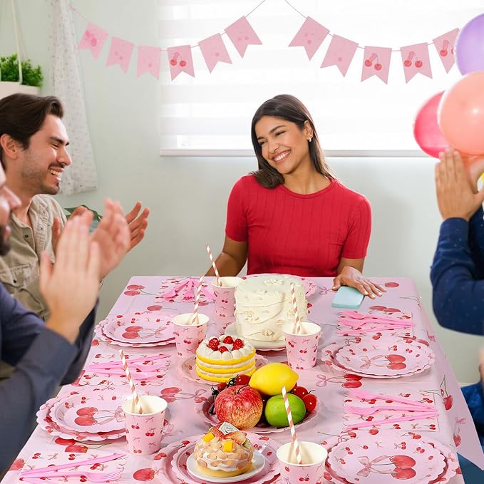 Funnymoom 452 Pcs Cherry and Bow Party Decoration Serves 50, Cherry Birthday Baby Shower Scalloped Paper Plates Napkins Cups Tablecloth Cutlery Straws for Pink Bow Birthday Baby Shower Party Supplies