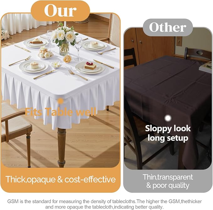 2 Pack White Spandex Tablecloths for 48x48 Inch Square Tables, Stretch Fitted Table Clothes with Pleated Ruffle Skirt for 48” Table, Wrinkle Free and Elastic, for Party Kitchen Home Dining Outdoor