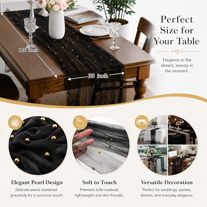 Pearl Black Gauze Pearl Table Runner 120 Inch 10FT, Seasonal Sheer Dining Holiday Wedding Birthday Baby Shower Tulle Summer Table Decor for Home Party