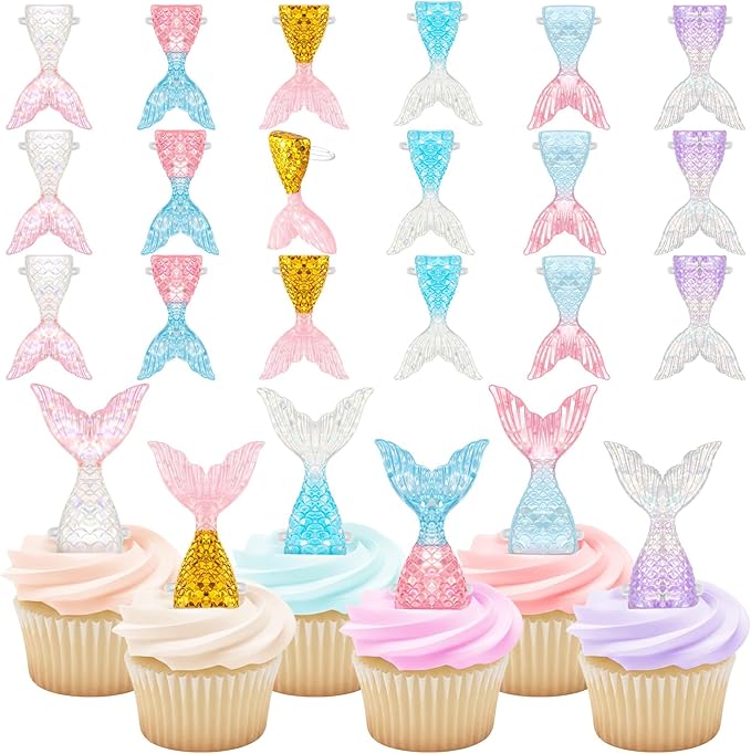 Kenning 48 Pcs Glittering Mermaid Tails Cupcake Ring Toppers Resin Cake Decoration Under the Sea Birthday Party Mermaid Birthday Cake Decor Baby Shower Princess Baby Shower Sea Party Supplies