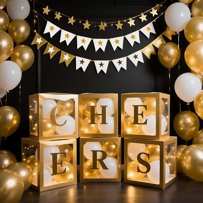 Ledido Transparent Balloon Boxes, Clear Balloon Boxes with 5 Pcs String Lights and 78 Letters for Baby Shower Gender Reveal 2026 New Year Grad Party Birthday Anniversary Bridal Decor - 5 Gold Boxes
