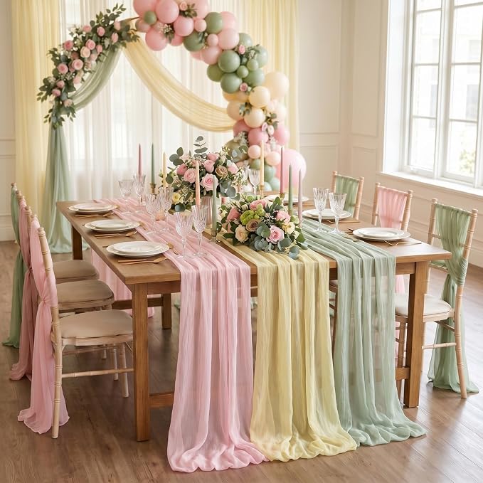Boao 6 Pcs Pink and Sage Green Party Decorations Table Runner Cloth 10Ft Boho Sheer Rustic Fabric for Wedding Birthday Party Baby Bridal Shower Graduation Dawn Sunset Decor
