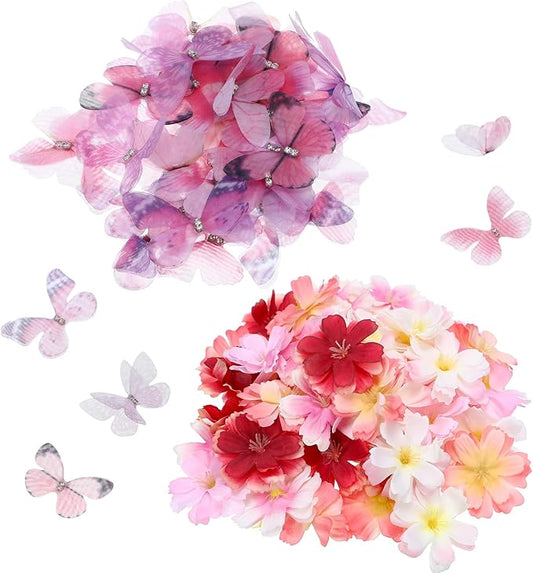 Canlierr 100 Pcs Faux Floral Head Organza Butterfly Set for Craft 50 3D Small Ribbon Fabric Butterflie Appliques 50 Mini DIY Faux Colorful Flower for Craft Car Cake Wedding Party Decoration (Pink)
