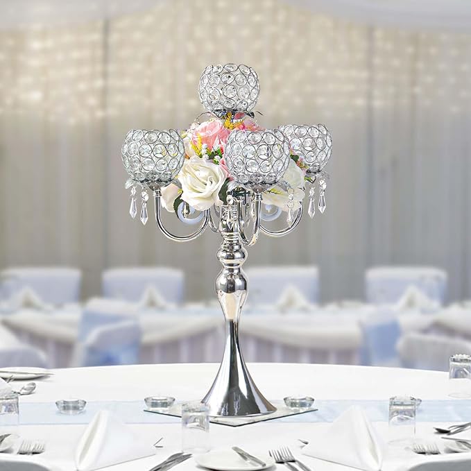 5 Arm Elegant Crystal Candle Holder,Candlestick for Wedding Table Centerpiece, 22 Inch Tall Candle Holder Table Candelabra Event Party Table Centerpiece,Home Decoration. (4, Silver, Round Crystal)