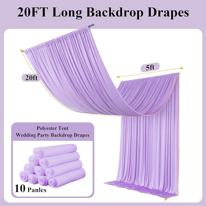 50x20ft Light Purple Ceiling Drapes, 10 Panels 20ft Height Wrinkle-Free Tent Draping Curtains for Wedding Party Tent Canopy Arch Backdrop Decorations