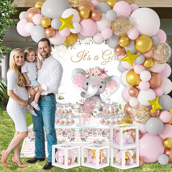 JOGAMS Elephant Baby Shower Decorations for Girl 234Pcs with Baby Boxes Letter Backdrop Tablecloth Cupcake Cake Topper Gold Star 4D Foil Confetti Balloons for Elephant Theme Baby Shower Birthday Party