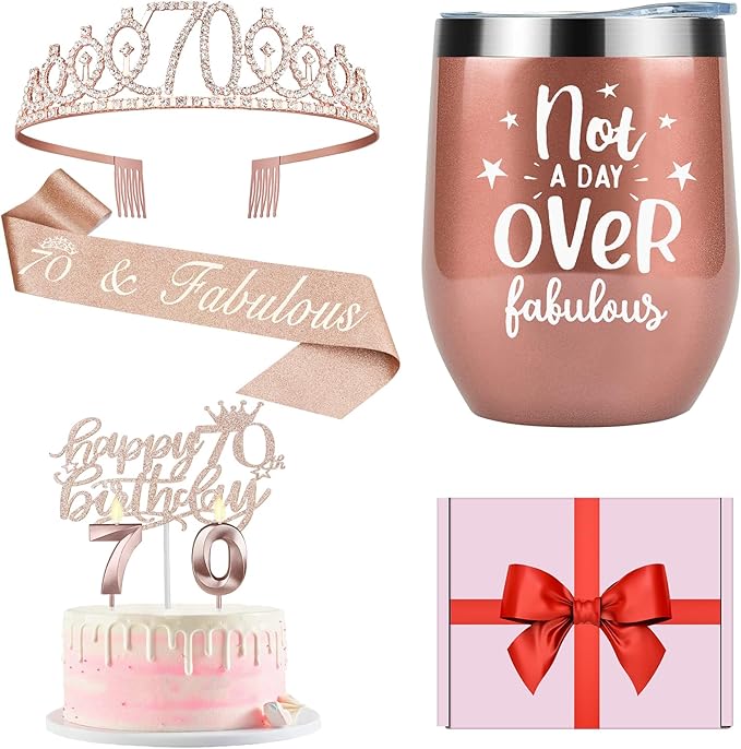 70th Birthday Decorations for Women with 70th Birthday Sash and Crown, Cake Topper and Candles, 12oz Wine or Coffee Tumbler Mug with Lid, 70 Year Old Gifts for Women