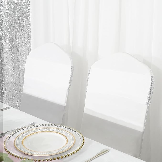 Poise3EHome Set of 50 Stretch Sequin Chair Sashes Silver One-Sided Sequins Decorative Bands for Wedding Party Event Chair Covers