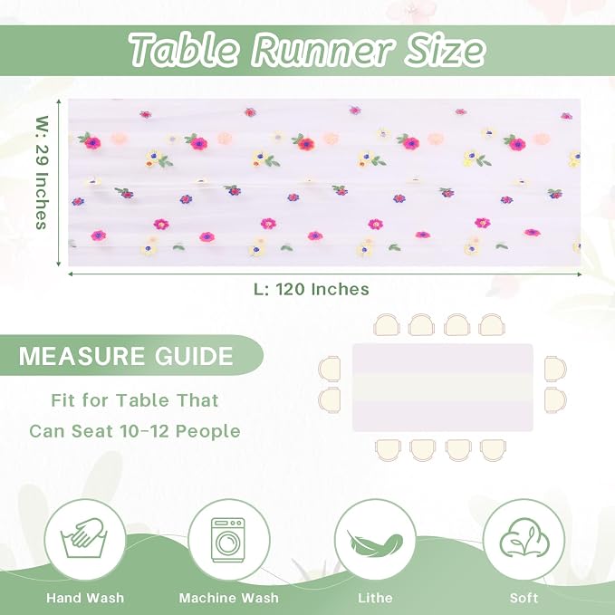 QueenDream White Gauze Table Runner with Embroidery Daisy Romantic Sheer Tulle Fabric 3 Pieces 120 Inch 10FT for Wedding Party Bridal Baby Shower