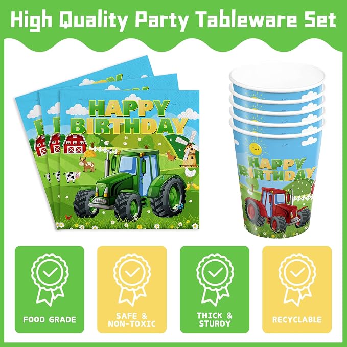 232pcs Tractor Birthday Party Decorations Party Plates Napkins Disposable Paper Cups Tablecloth Banner Boys Tractor Farm Birthday Party Supplies Tableware Set 24 Serve