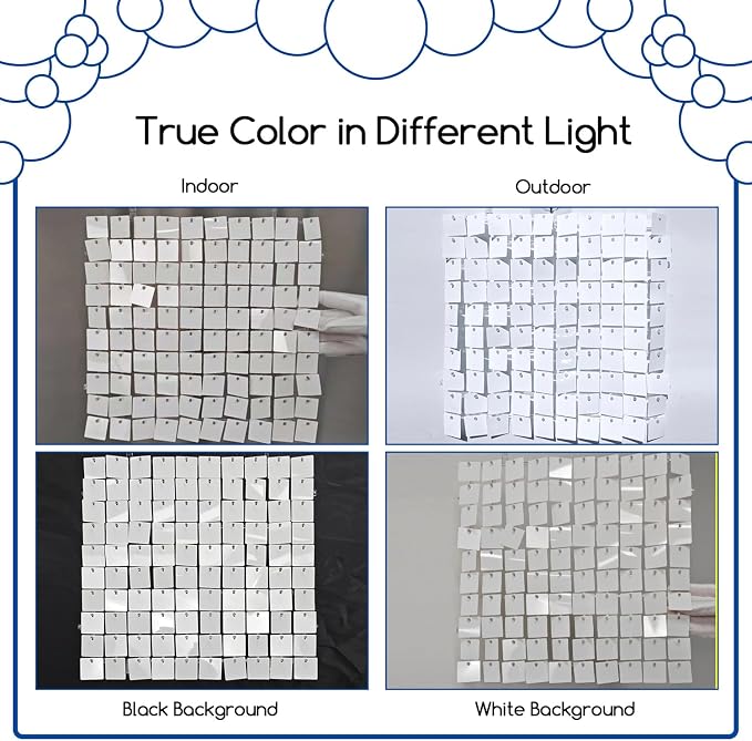 COKAOBE Mirror White Shimmer Wall Backdrop, 24PCS Square Sequin Shimmer Backdrop Panel, Photo Backdrops for Birthday, Anniversary, Wedding, Graduation & Bachelorette Party Decoration