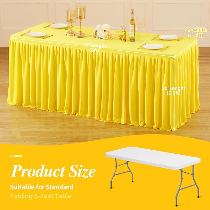 PARTISKY 1 Pack Yellow Tablecloths for Rectangle Tables 6ft, Wrinkle Resistant Spandex Table Cover Fitted Stretch Table Cloth with Pleated Ruffle Skirts for Party Banquet Dining Birthday Wedding