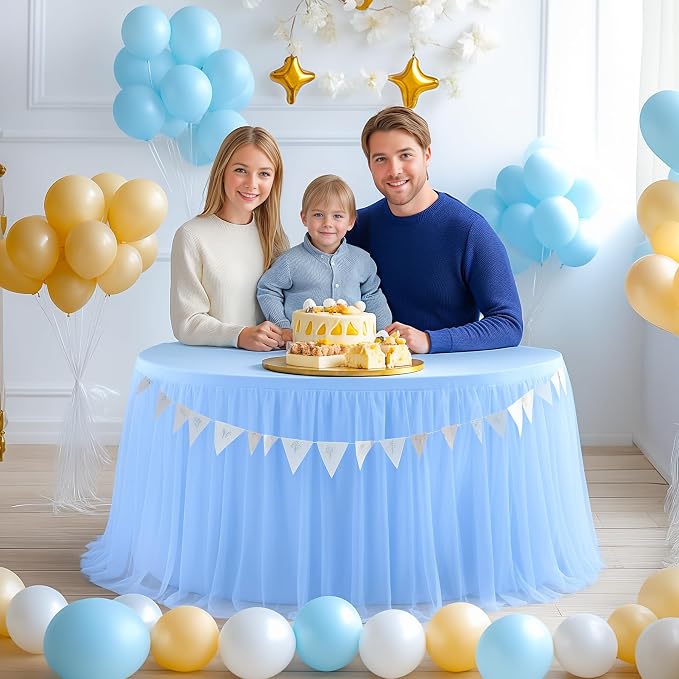 HB HBB MAGIC Baby Blue Tablecloth for Round Table 72 inch Stretchy Elastic Fitted Round Table Cloth Cover 120 inch, Tulle Table Cloth with Skirt Baby Shower Birthday Party Cake Tables Decorations