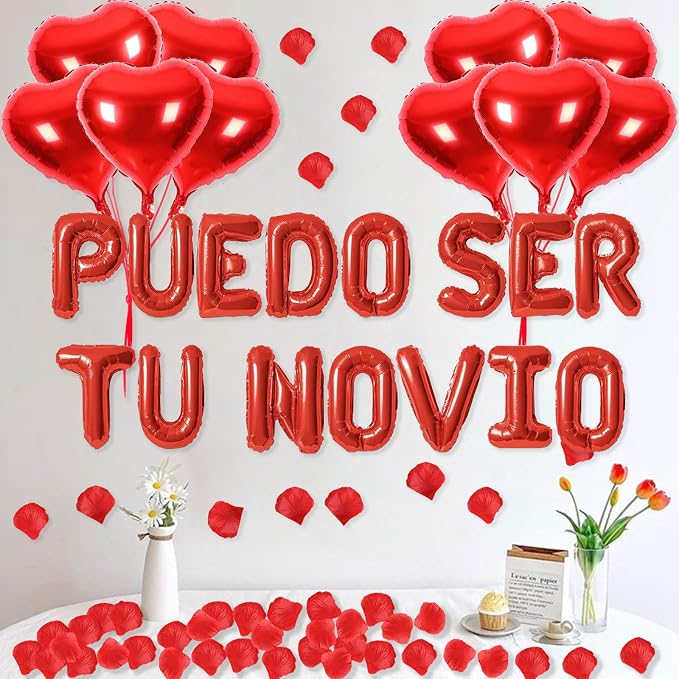 2 Set Red PUEDO SER TU NOVIO Balloons - 1200pcs Red Artificial Rose Petals 30pcs 16" Letter Balloon 10pcs 18" Heart Balloons Alphabet Foil Mylar Balloon for Valentines Day Decorations