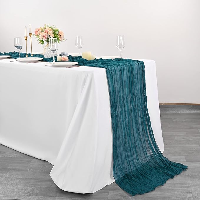 10 Pcs Teal Cheesecloth Table Runner 10FT, Gauze Cheese Cloth for Wedding Reception Rustic Sheer Bridal Shower Birthday Party Boho Table Decoration, Romantic Wedding Runner