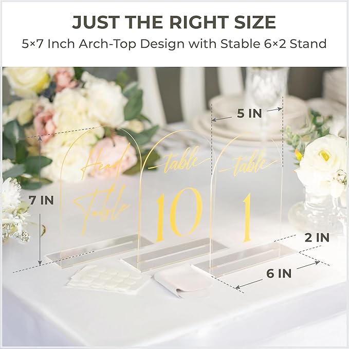 Clear Arch Acrylic Table Numbers for Wedding Reception - 5" x 7" Gold Font Centerpiece Set with Holder Stands & Head Table Sign - Anniversary, Event, Party, Wedding set 1-10