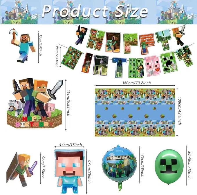 60Pcs For Pixel Birthday Party Decorations, Party Supplies Set Including Balloons, Backdrop, Banner, Tablecloth, Hanging Swirls, Cake Cupcake Toppers for Pixel Theme Party