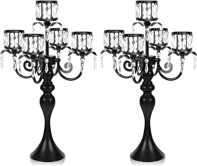 2pcs Black 5 Arm Pendant Square Crystal Table Decor 22 Inch Candle Holder,Classic Elegant Table Centerpiece Atmosphere Candle Holder for Gift Wedding Party Home Decor
